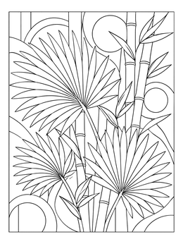 A serene tropical coloring page featuring fan palm leaves and bamboo stems.