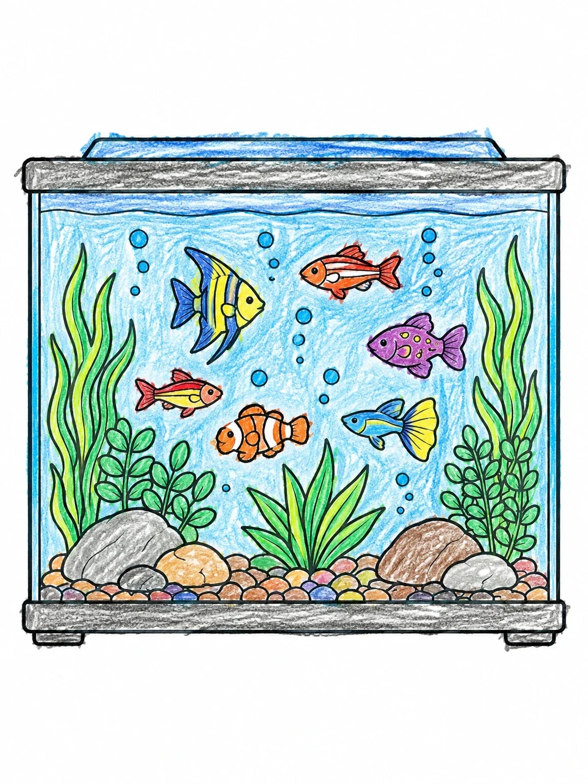 Colored example of the Tropical Fish In Glass Aquarium coloring page