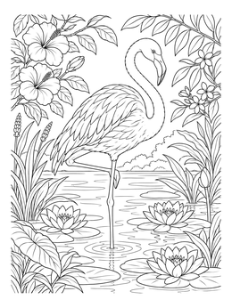 A graceful flamingo stands in calm waters in this tropical coloring page with blooming water lilies and hibiscus.