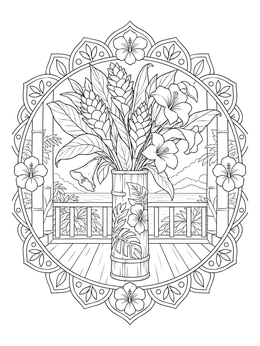 Free printable Tropical Bouquet In Bamboo Vase coloring page