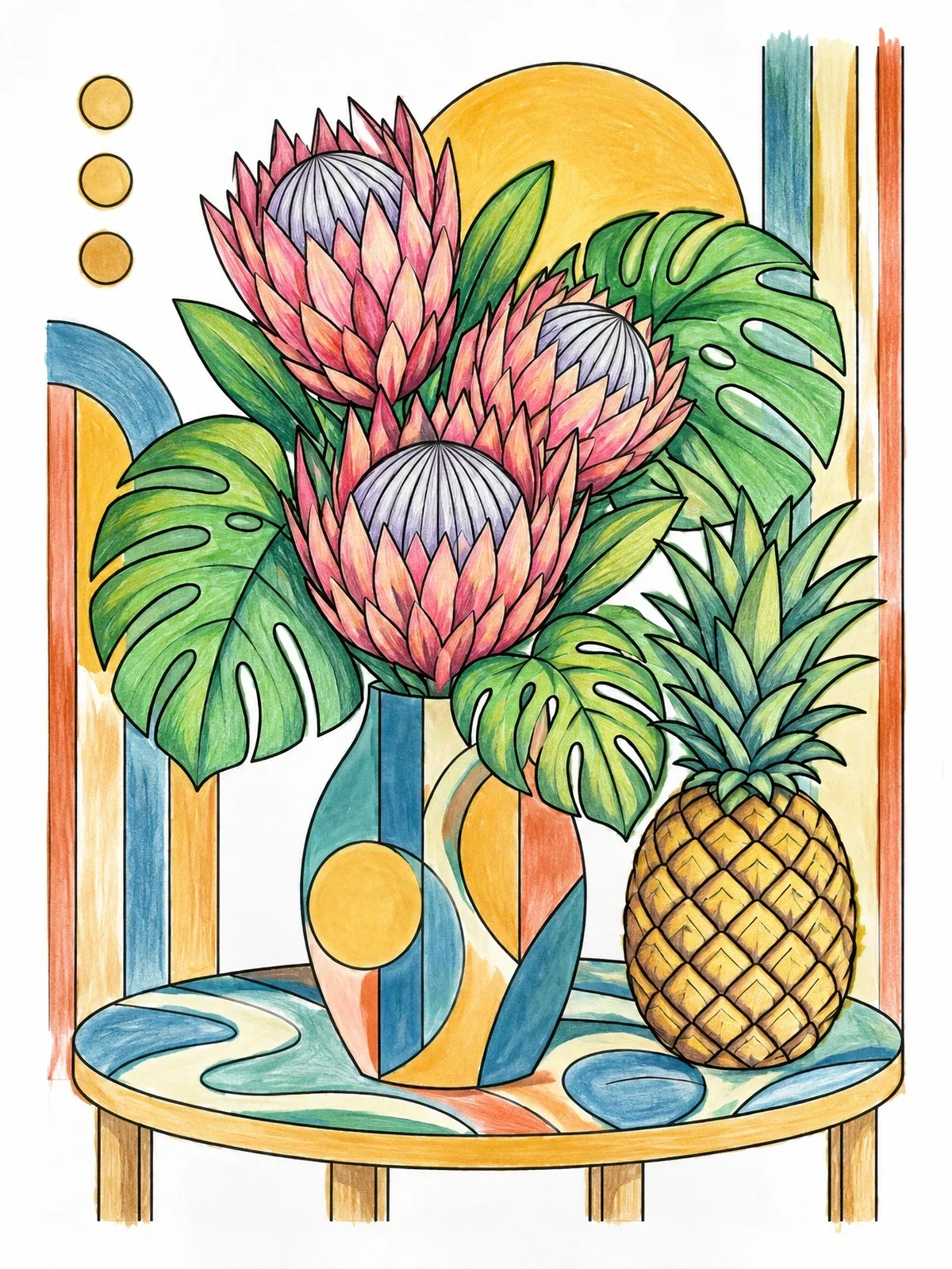 Colored example of the Protea Flowers And Pineapple Still Life coloring page