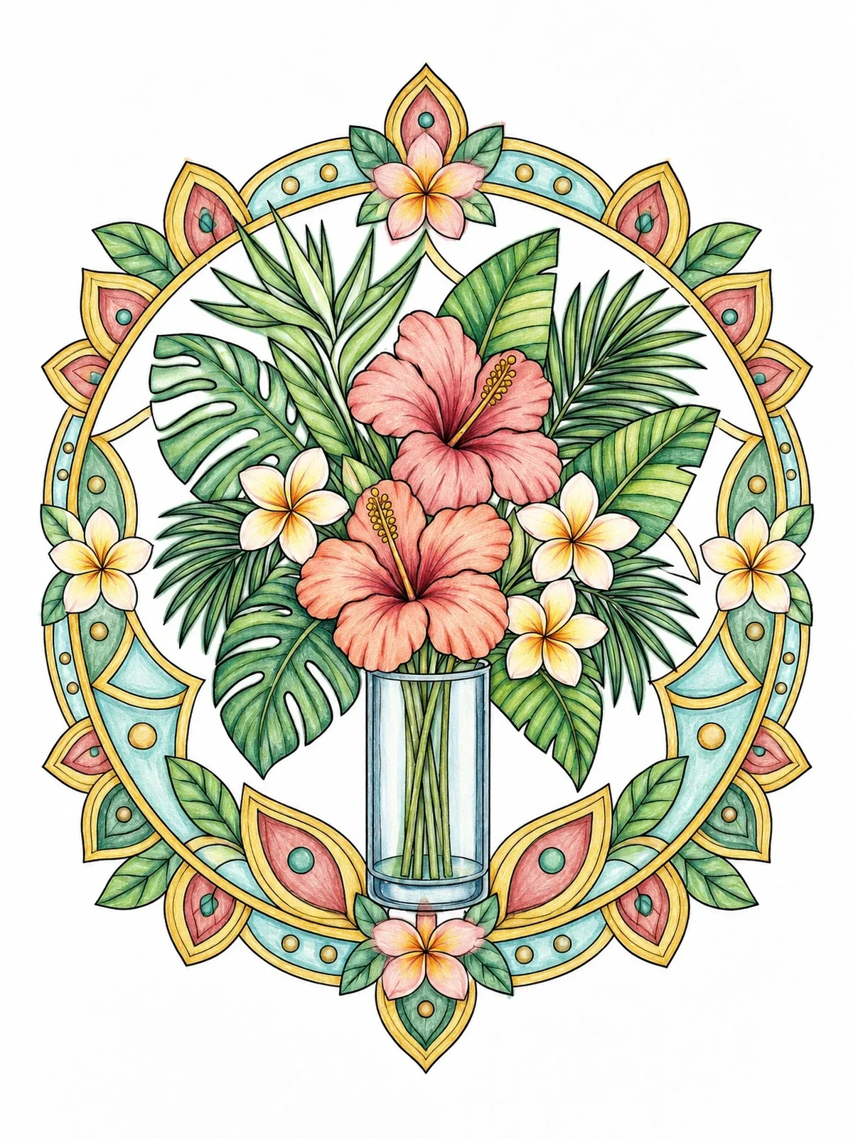 Colored example of the Tropical Bouquet In Glass Vase Mandala coloring page
