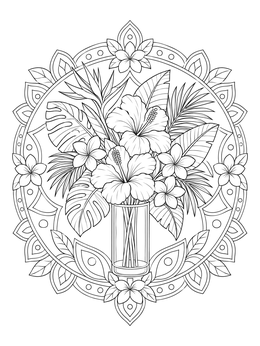 A detailed flowers in a vase coloring page featuring tropical hibiscus and monstera inside a mandala.