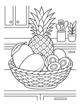 A woven fruit basket coloring page featuring pineapple, mangoes, and kiwi slices on a kitchen counter.