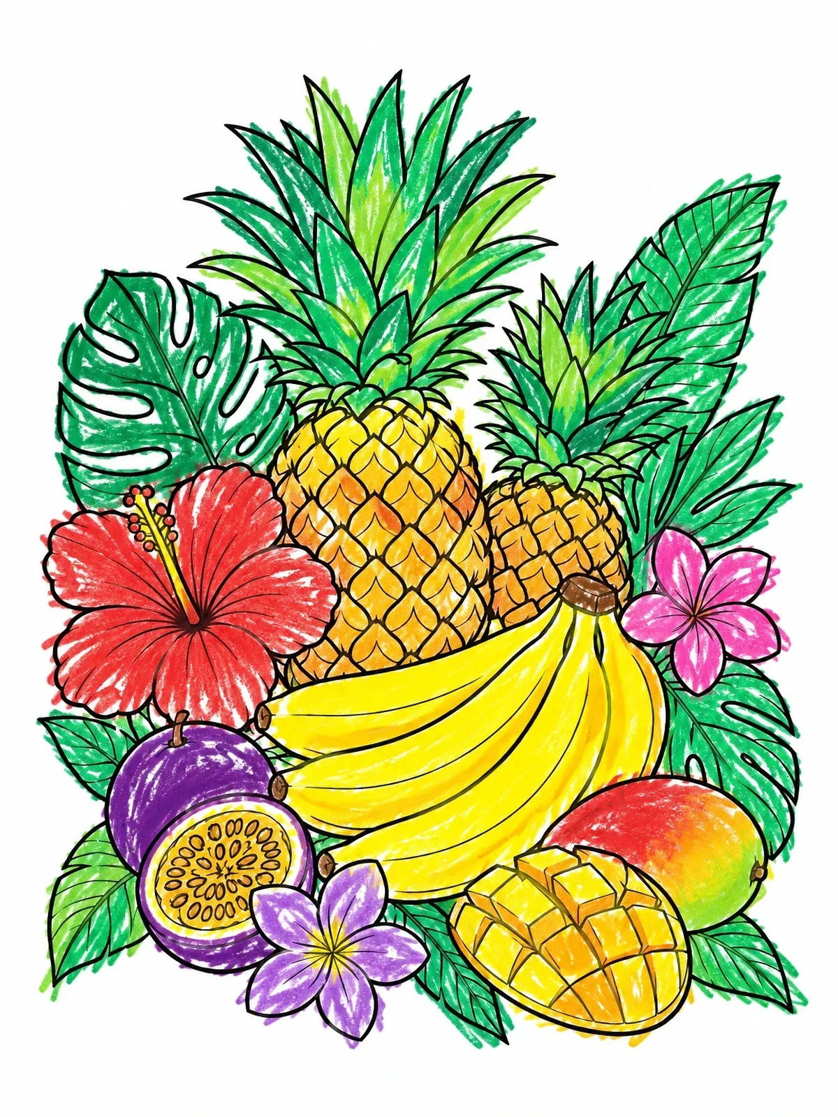 Colored example of the Tropical Fruits And Exotic Flowers coloring page