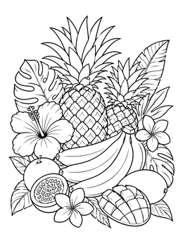 A detailed tropical coloring page featuring pineapples, bananas, mango, and hibiscus flowers.