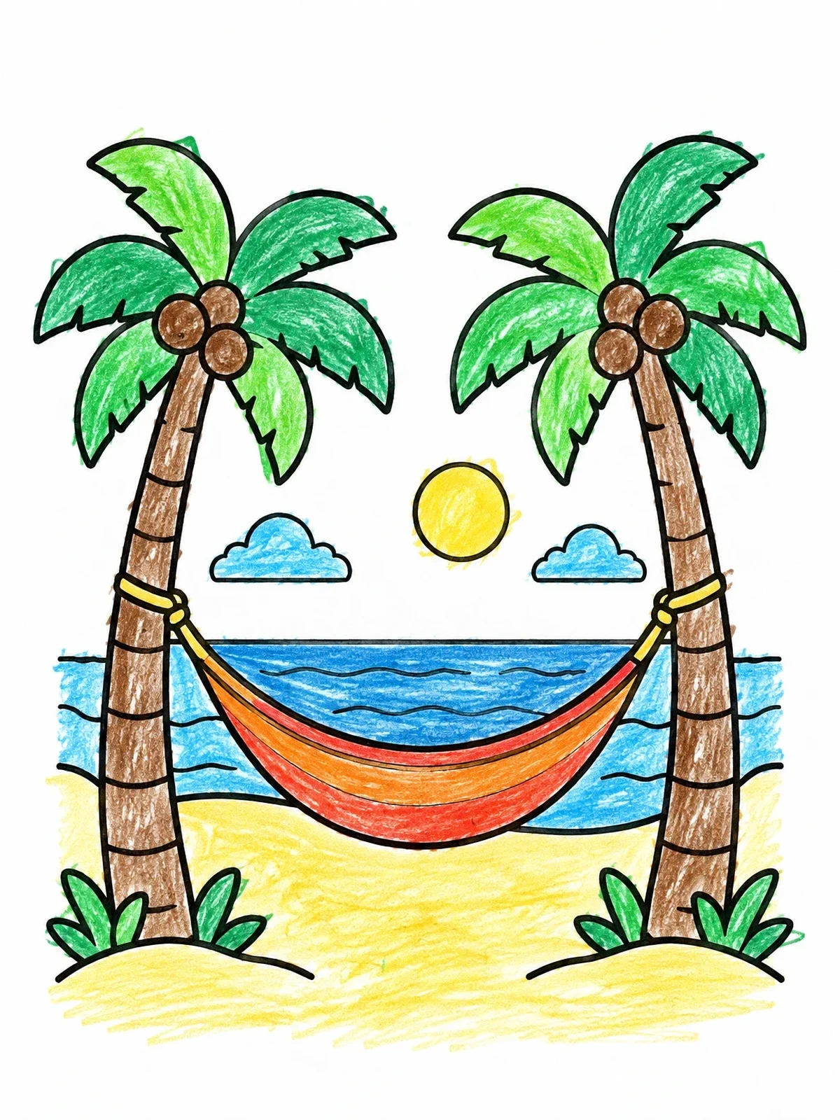 Colored example of the Cozy Hammock Between Palm Trees coloring page