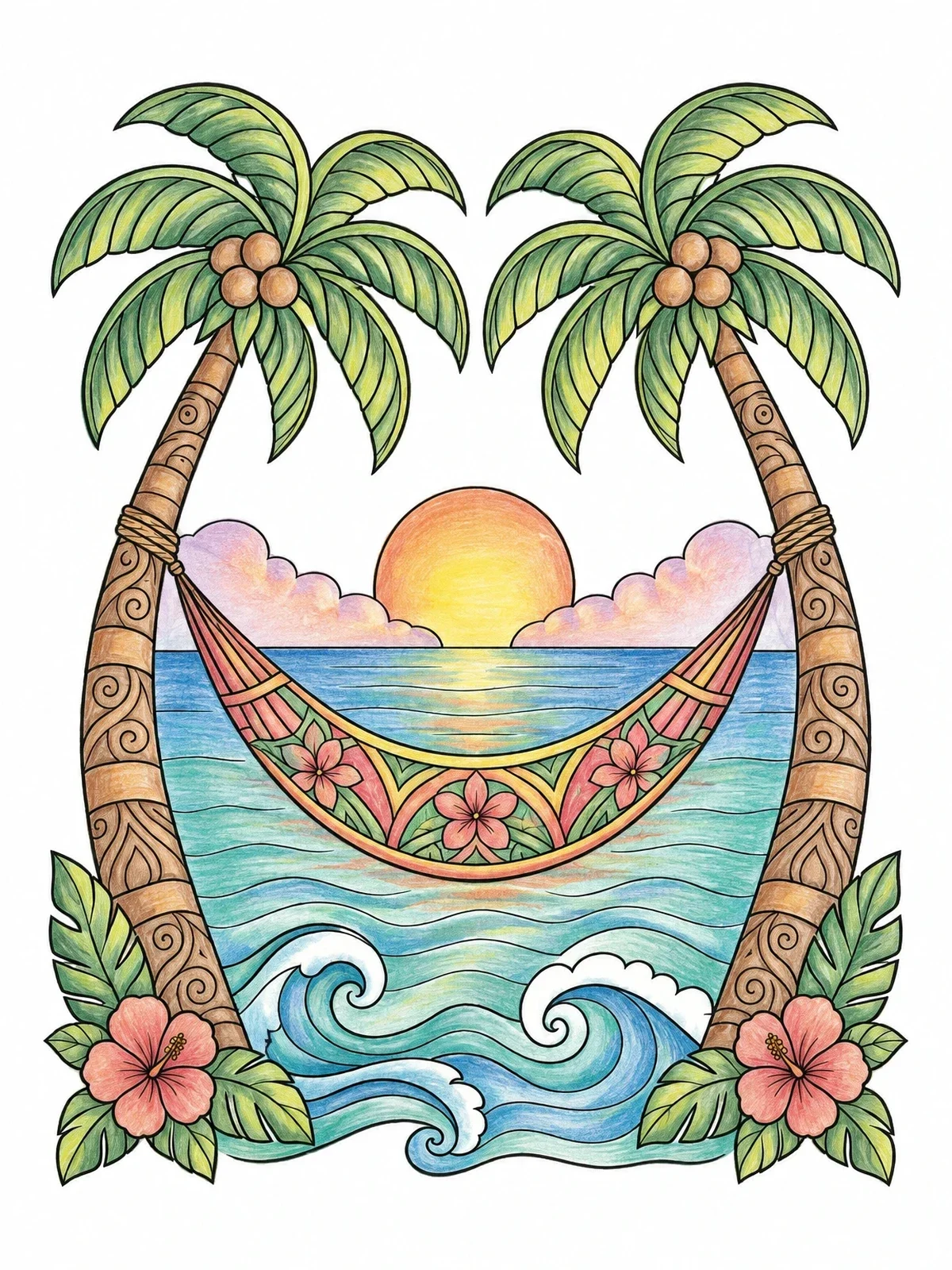 Colored example of the Tropical Hammock Sunset By The Waves coloring page
