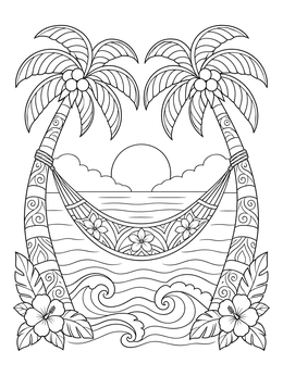 Free printable Tropical Hammock Sunset By The Waves coloring page