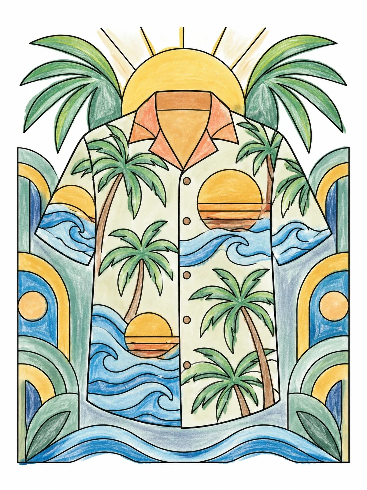 Colored example of the Tropical Hawaiian Shirt Pattern coloring page