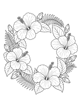Free printable Tropical Hibiscus And Fern Wreath coloring page