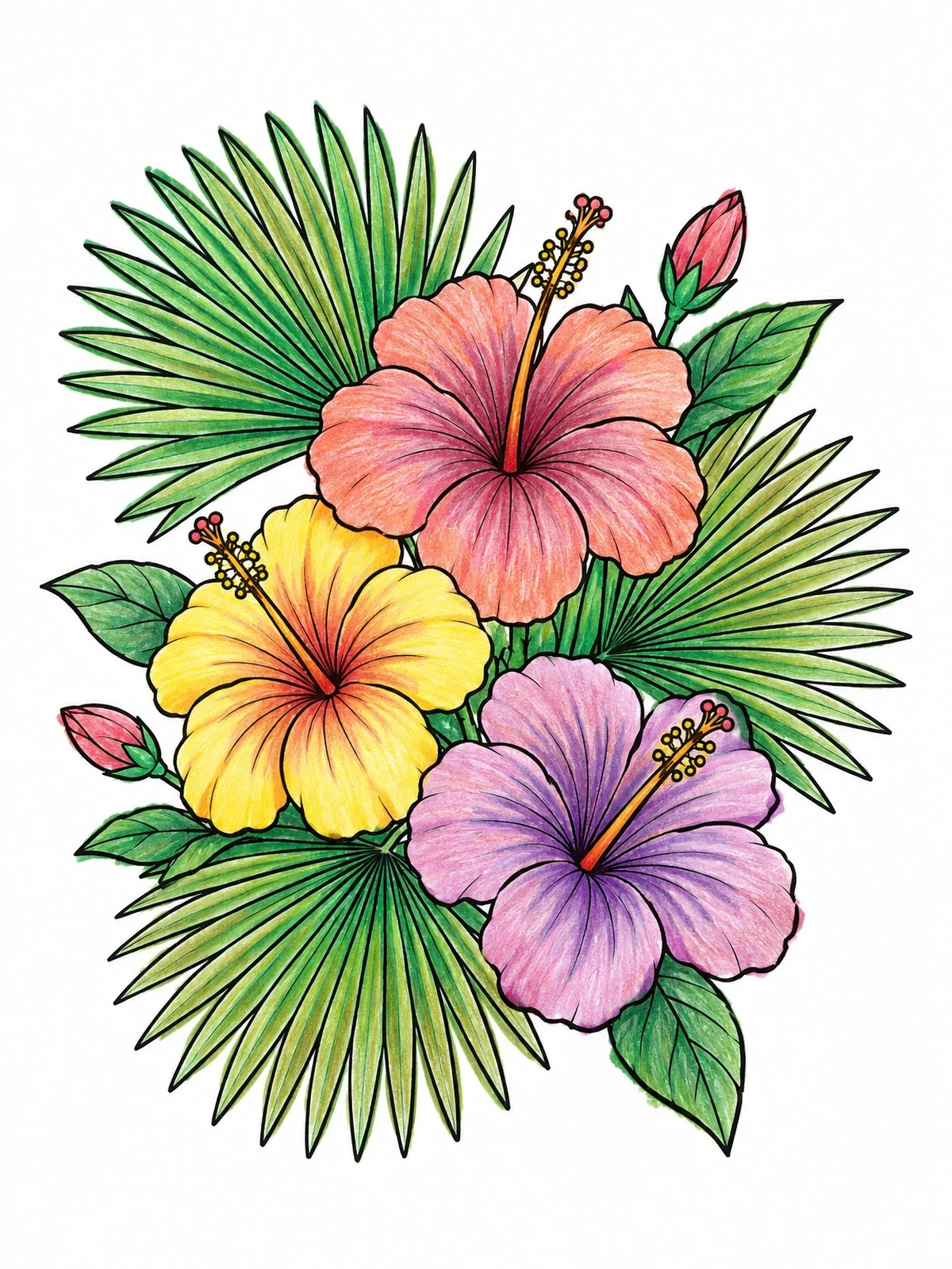 Colored example of the Tropical Hibiscus And Fan Palm Bouquet coloring page
