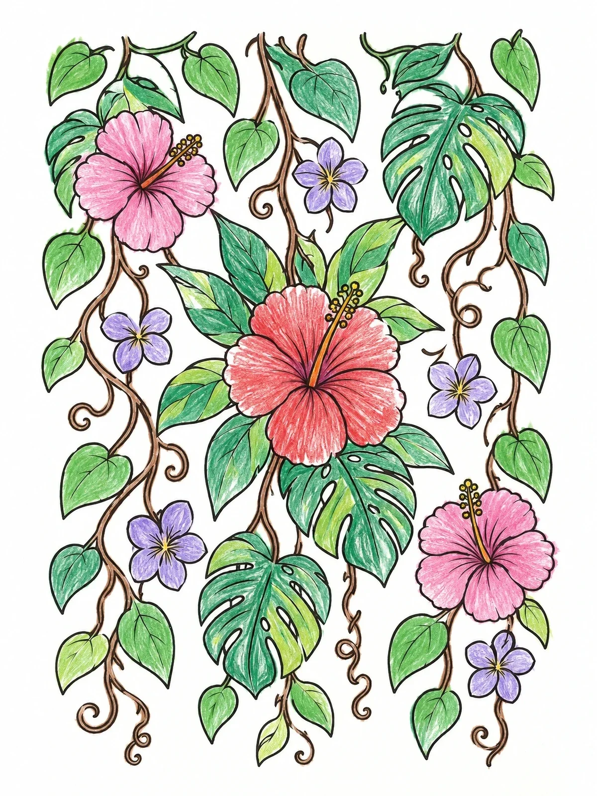 Colored example of the Tropical Hibiscus And Hanging Vines coloring page