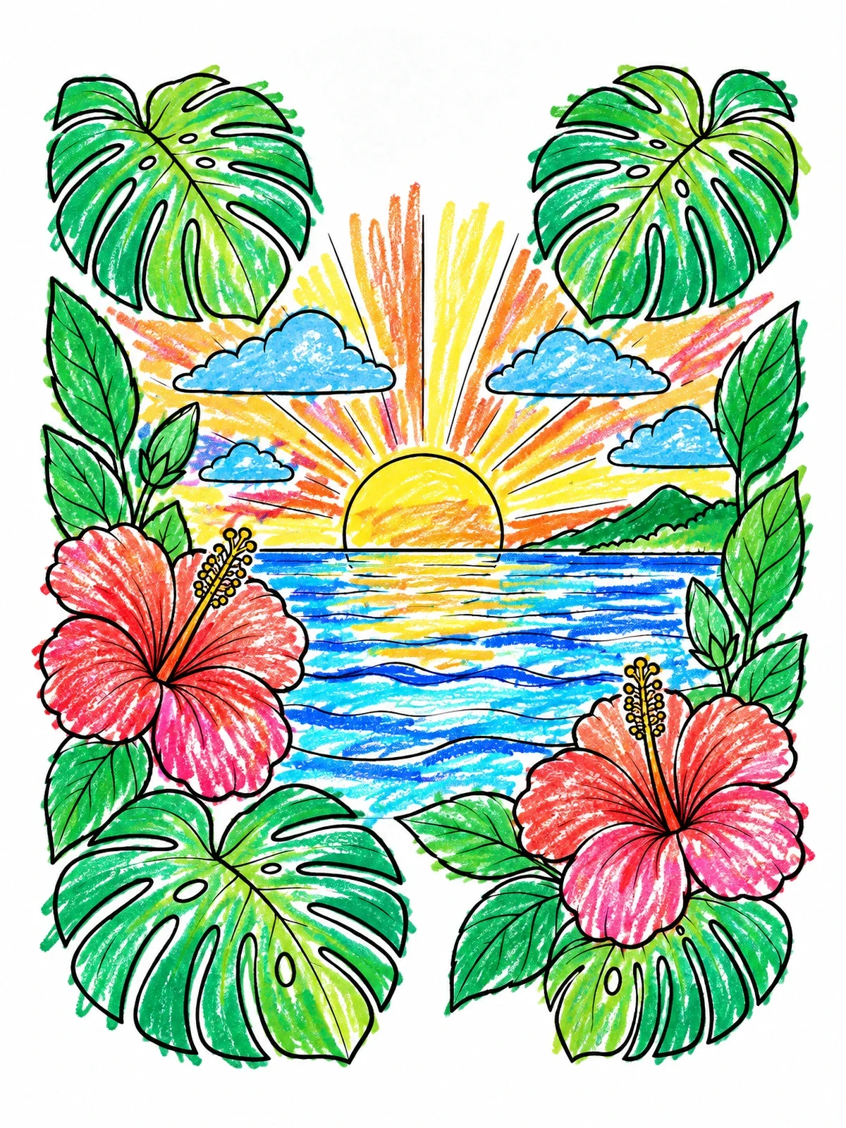 Colored example of the Tropical Hibiscus And Ocean Sunset coloring page