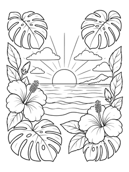 Free printable Tropical Hibiscus And Ocean Sunset coloring page