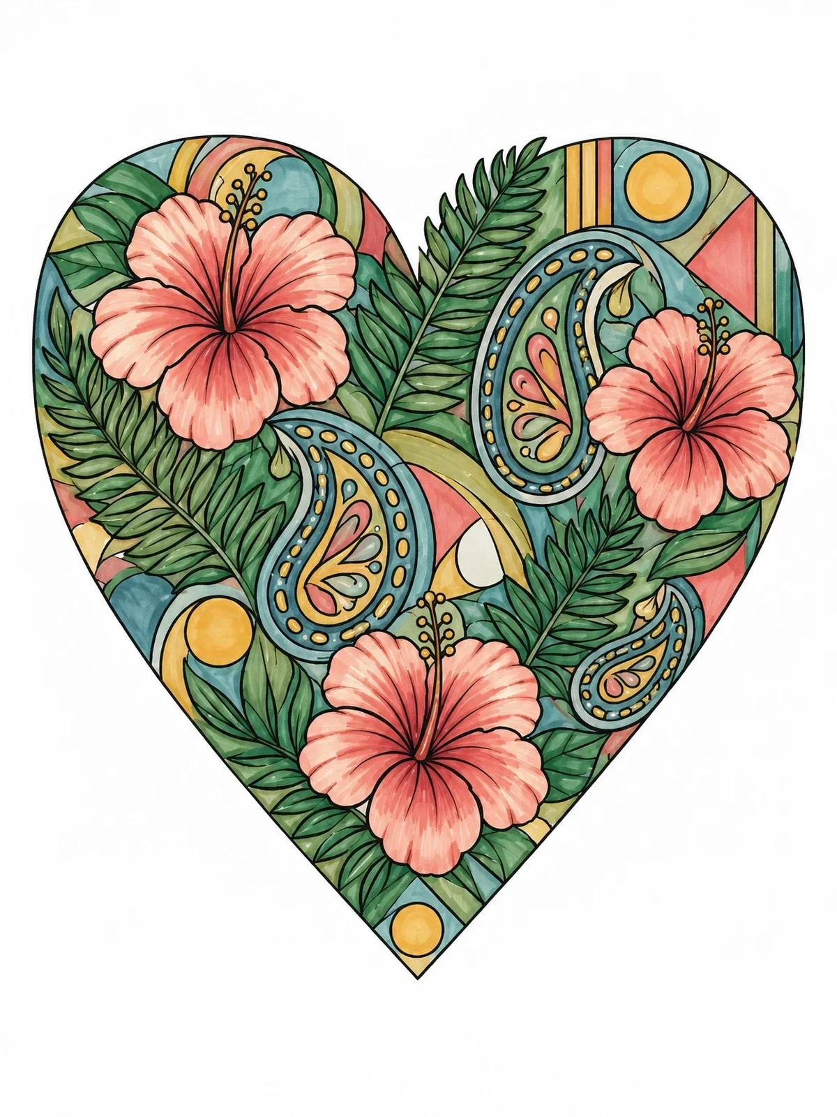 Colored example of the Tropical Hibiscus Paisley Heart coloring page