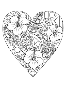 Detailed paisley heart coloring page featuring tropical hibiscus blooms and fern leaves.