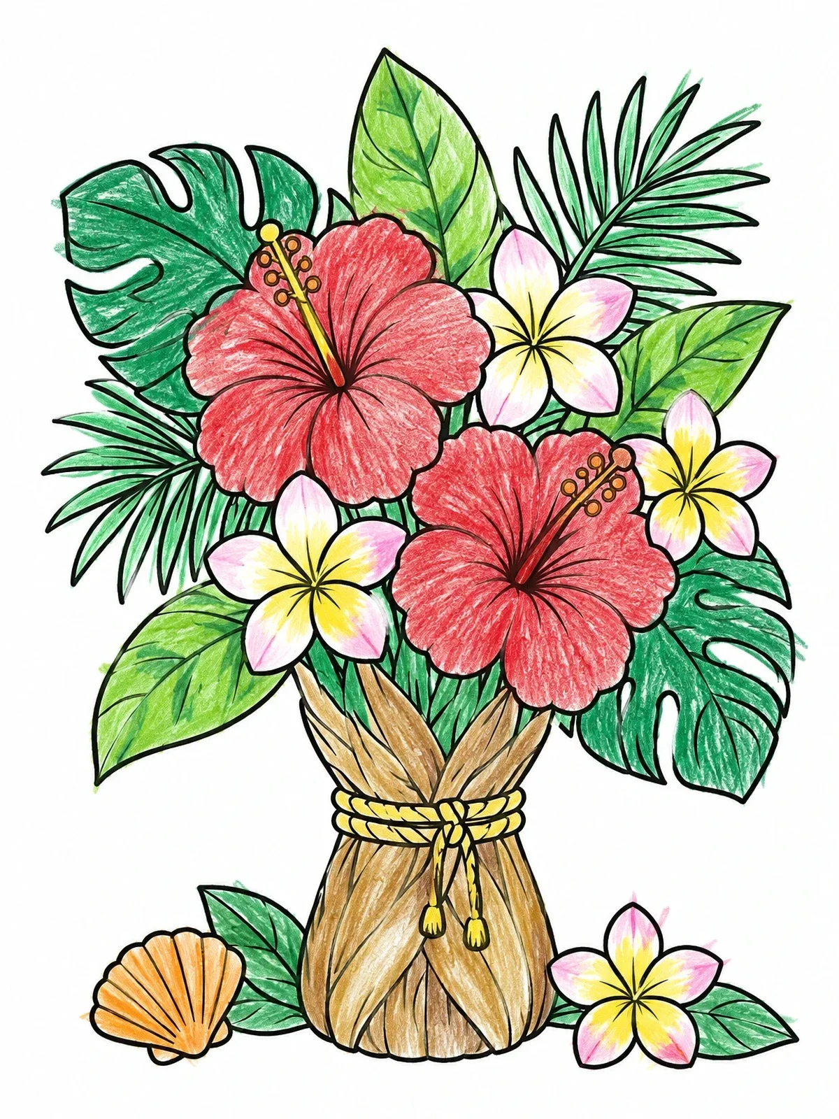 Colored example of the Tropical Bouquet With Hibiscus And Plumeria coloring page