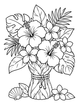 Free printable Tropical Bouquet With Hibiscus And Plumeria coloring page
