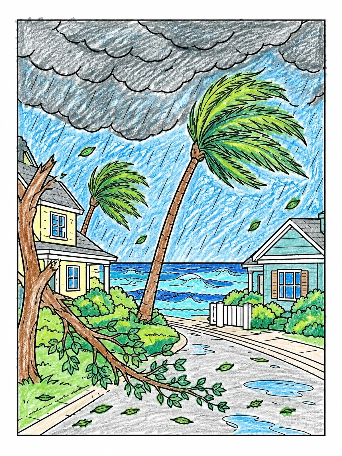 Colored example of the Tropical Hurricane In Coastal Neighborhood coloring page