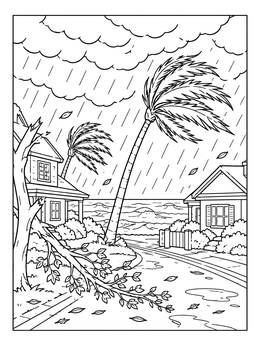 A hurricane coloring page showing wind bending palm trees and blowing rain over houses by the sea.