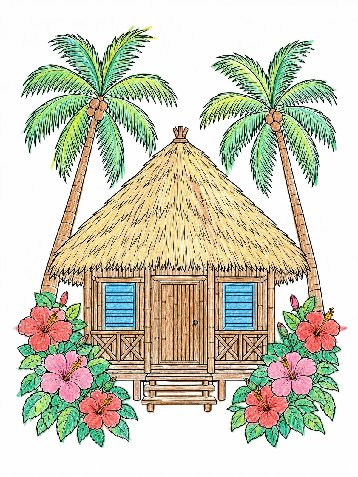 Colored example of the Tropical Hut With Blooming Hibiscus coloring page