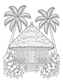 Free printable Tropical Hut With Blooming Hibiscus coloring page