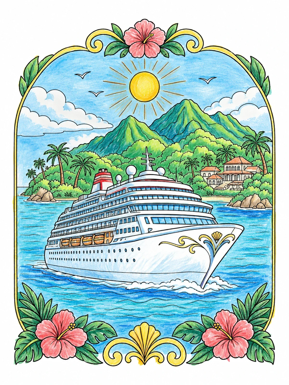 Colored example of the Tropical Cruise Ship Voyage coloring page