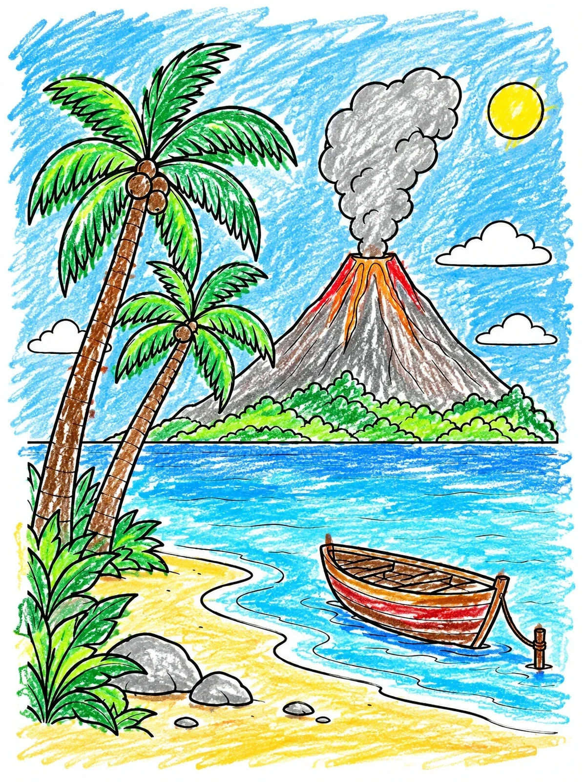 Colored example of the Tropical Island With Volcano And Boat coloring page