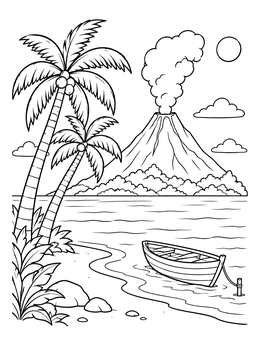 An island coloring page with palm trees, a calm shore, a small wooden boat, and a smoking volcano.