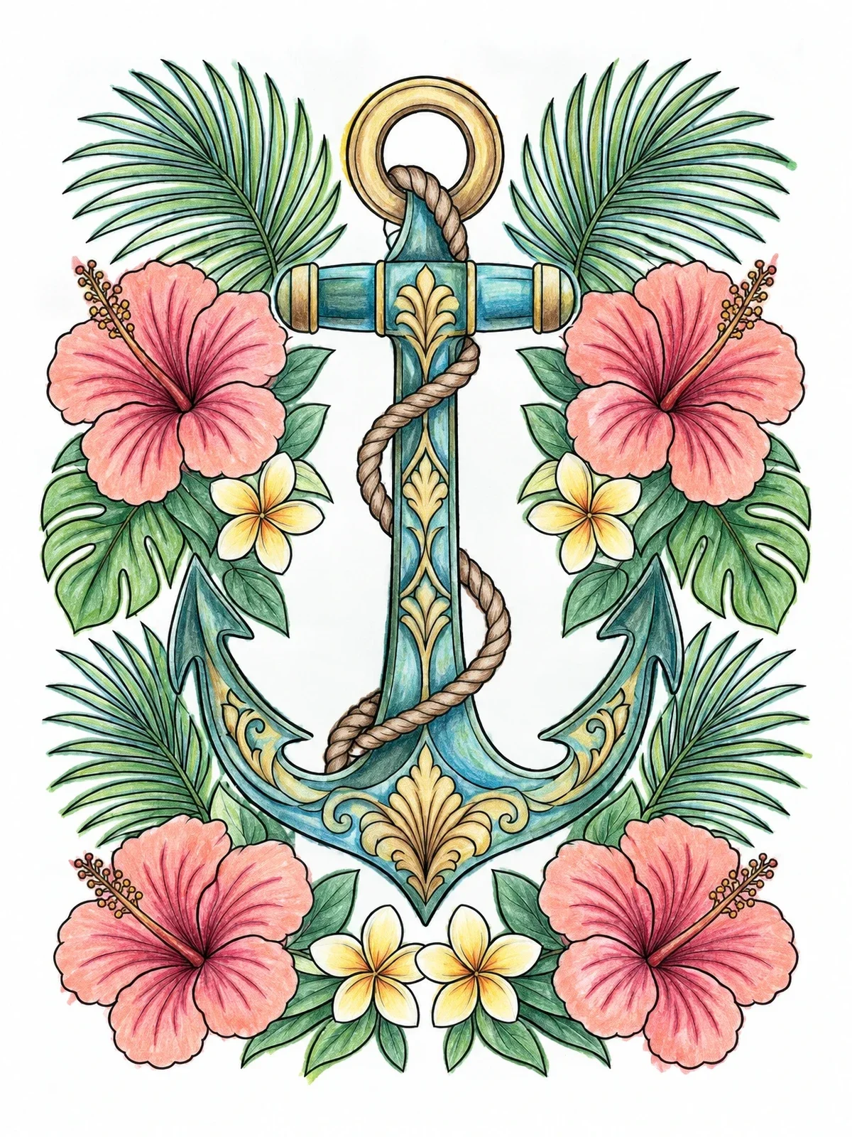 Colored example of the Tropical Nautical Anchor With Hibiscus coloring page