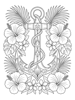 Detailed anchor coloring page surrounded by blooming hibiscus flowers and tropical palm fronds.