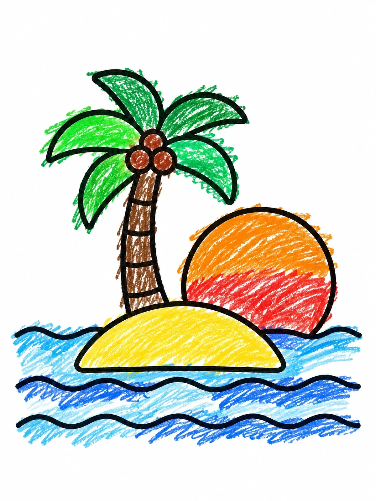Colored example of the Tropical Palm Island Sunset coloring page