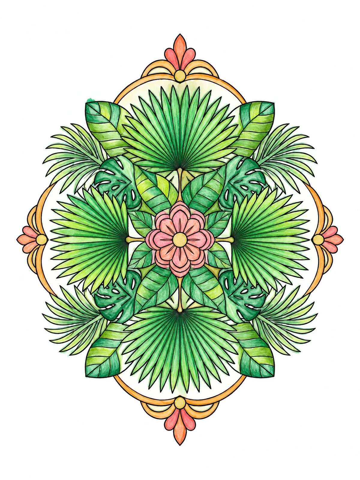 Colored example of the Tropical Palm Leaf Mandala coloring page