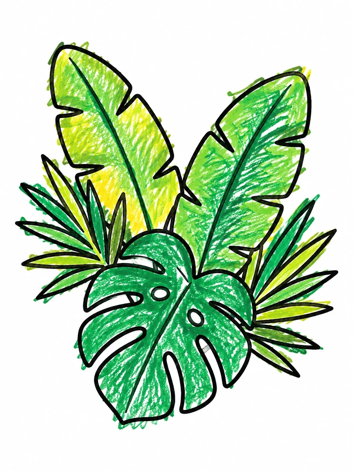 Colored example of the Tropical Palm And Monstera Leaves coloring page