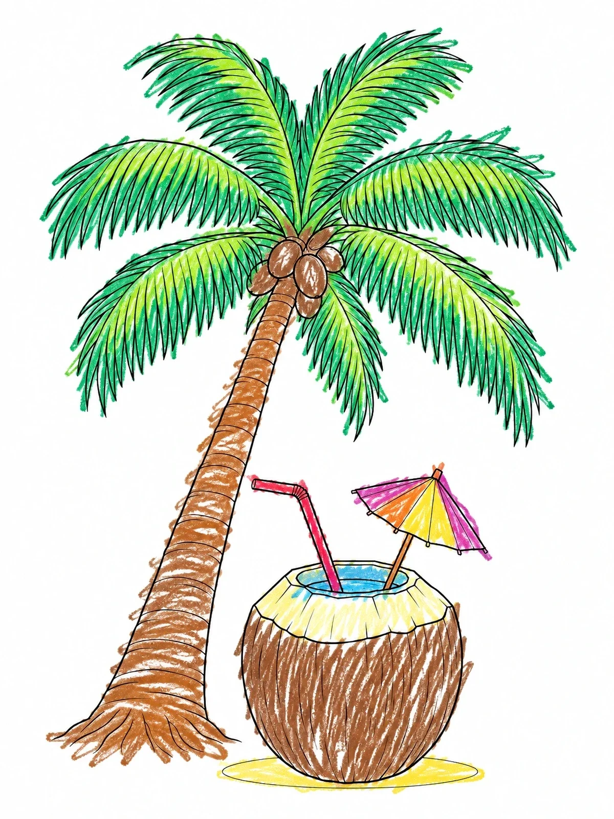 Colored example of the Tropical Palm Tree And Coconut Drink coloring page