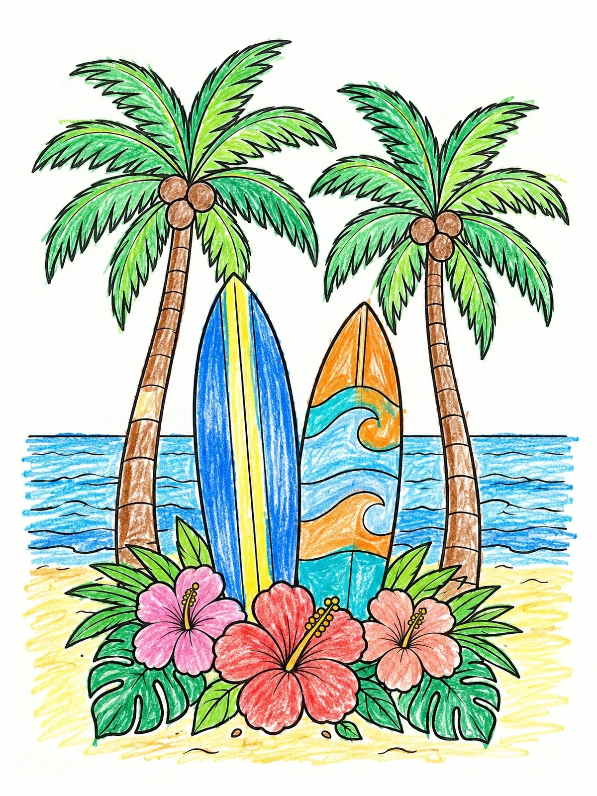 Colored example of the Tropical Palm Trees And Surfboards coloring page