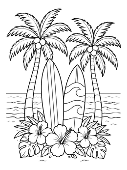 Free printable Tropical Palm Trees And Surfboards coloring page