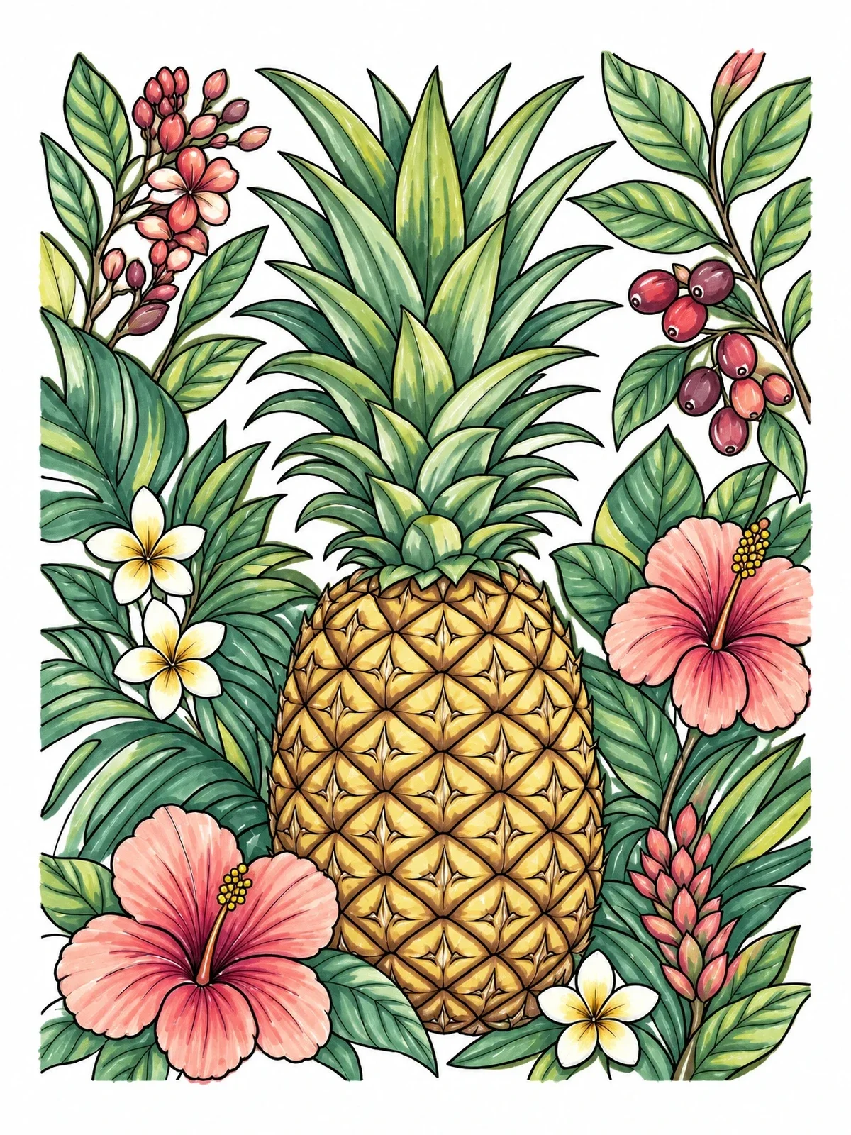 Colored example of the Tropical Pineapple With Hibiscus Blooms coloring page