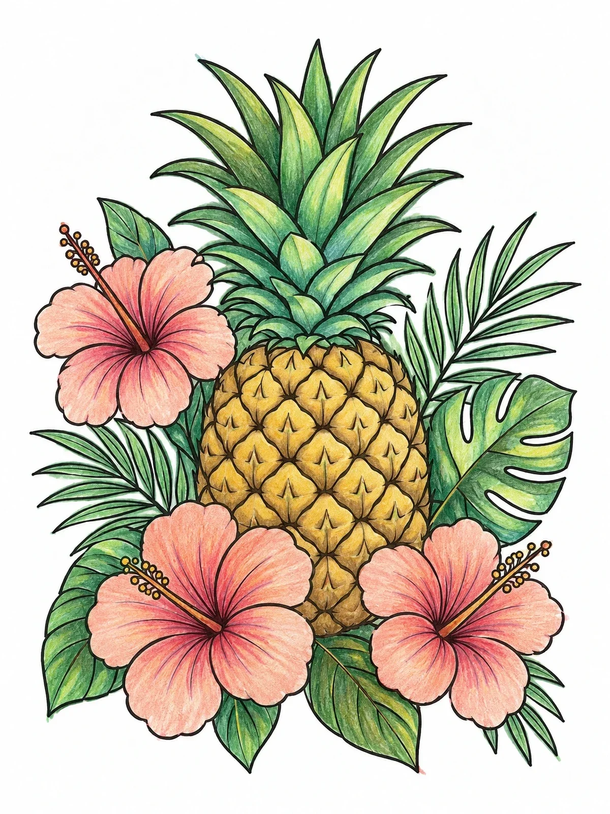 Colored example of the Tropical Pineapple With Hibiscus Flowers coloring page