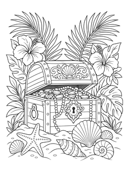 An open pirate coloring page treasure chest on sand surrounded by hibiscus and shells.