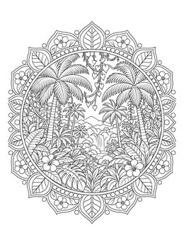 Free printable Tropical Rainforest Mandala With Palm Trees coloring page