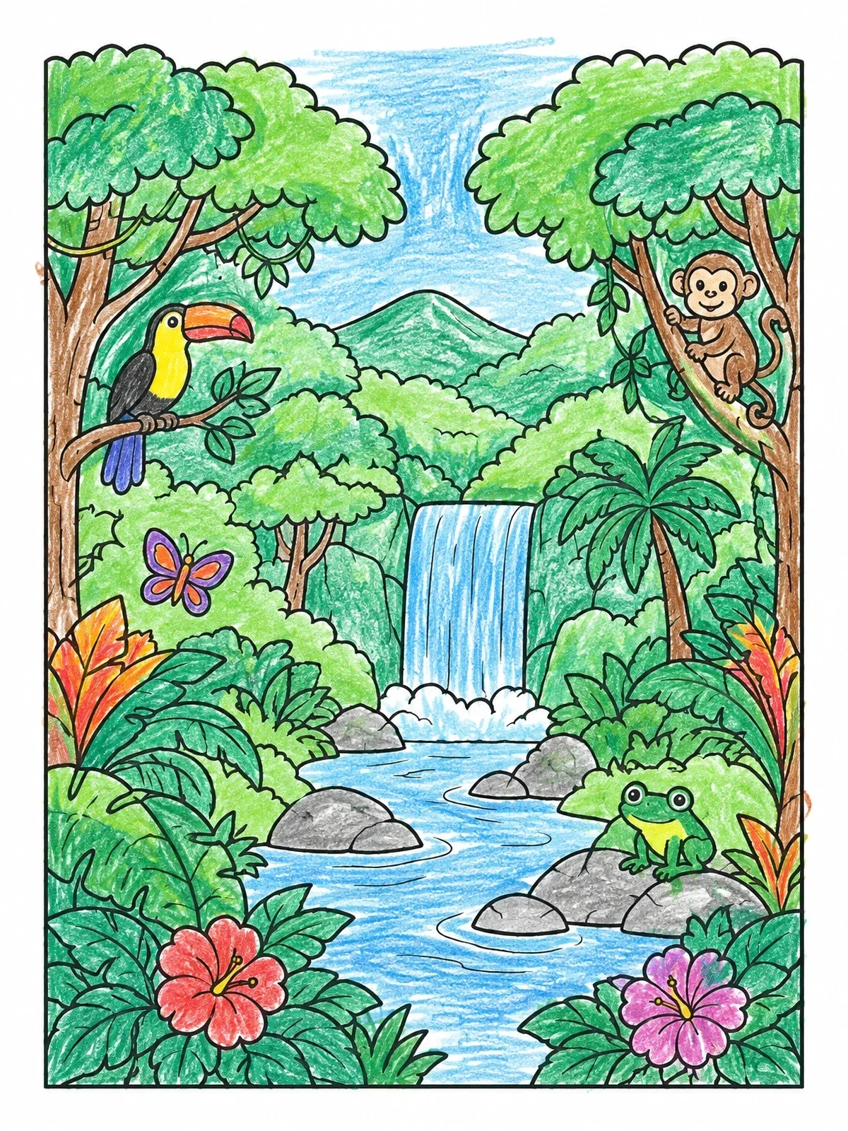 Colored example of the Tropical Rainforest With Waterfall And Animals coloring page