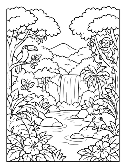 Free printable Tropical Rainforest With Waterfall And Animals coloring page