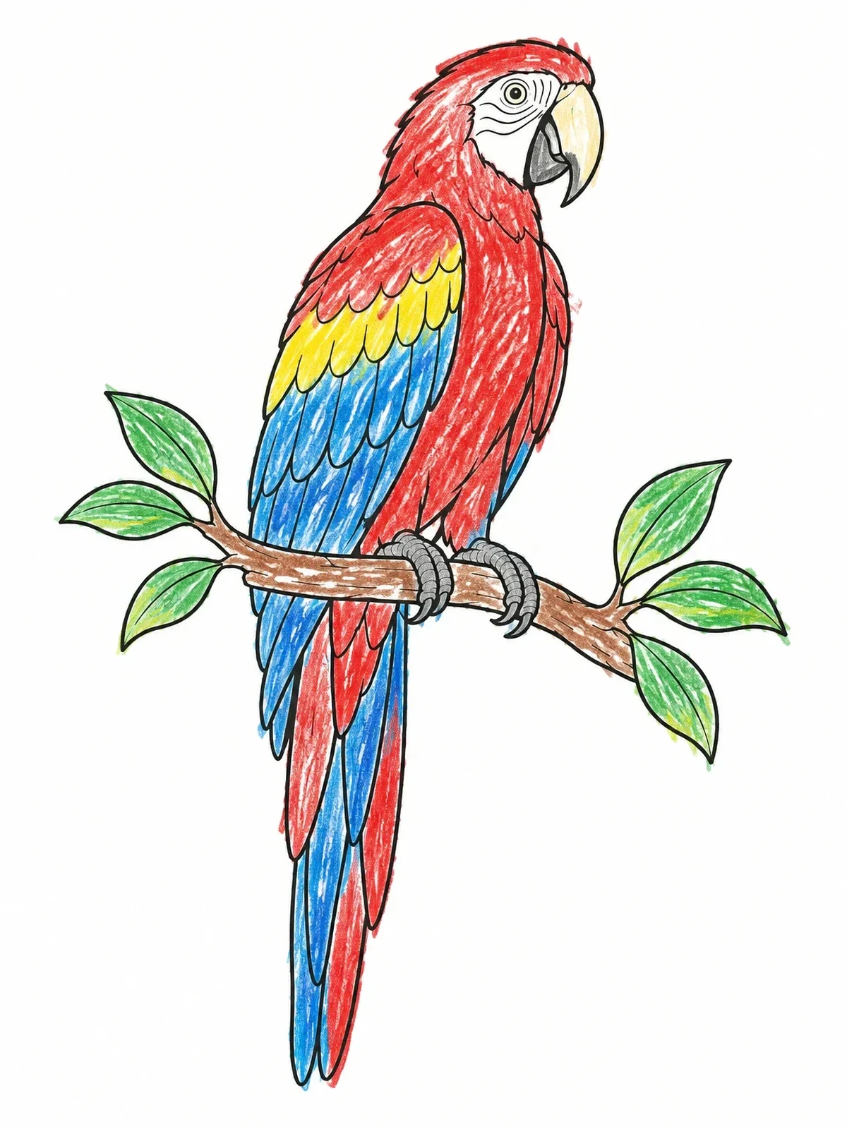 Colored example of the Scarlet Macaw Perched On Branch coloring page