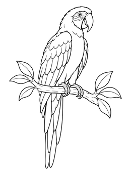 A scarlet macaw perches gracefully on a leafy branch in this tropical coloring page.