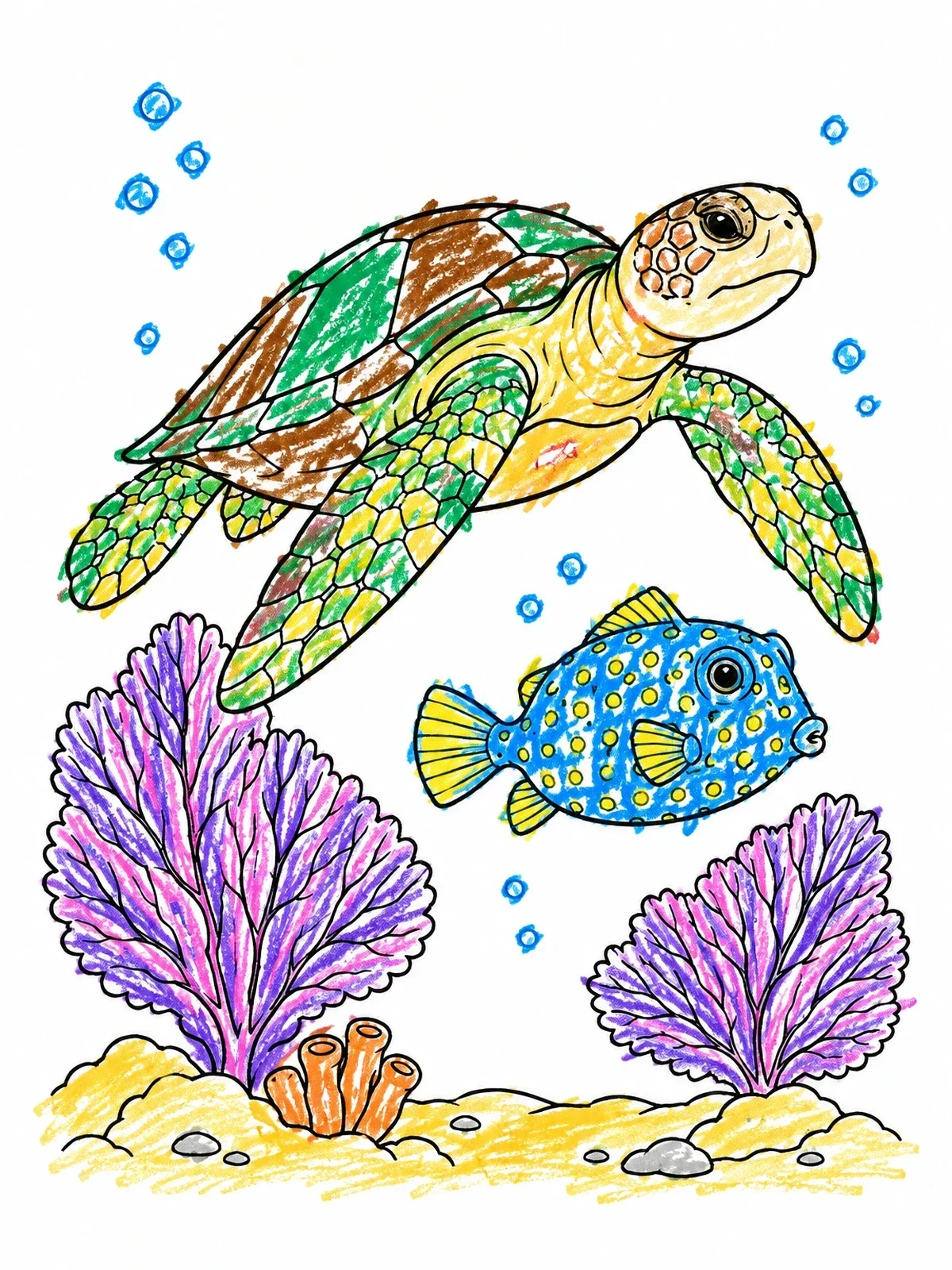 Colored example of the Sea Turtle And Boxfish Over Coral coloring page