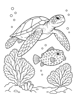 Sea Turtle and Boxfish Over Coral coloring page