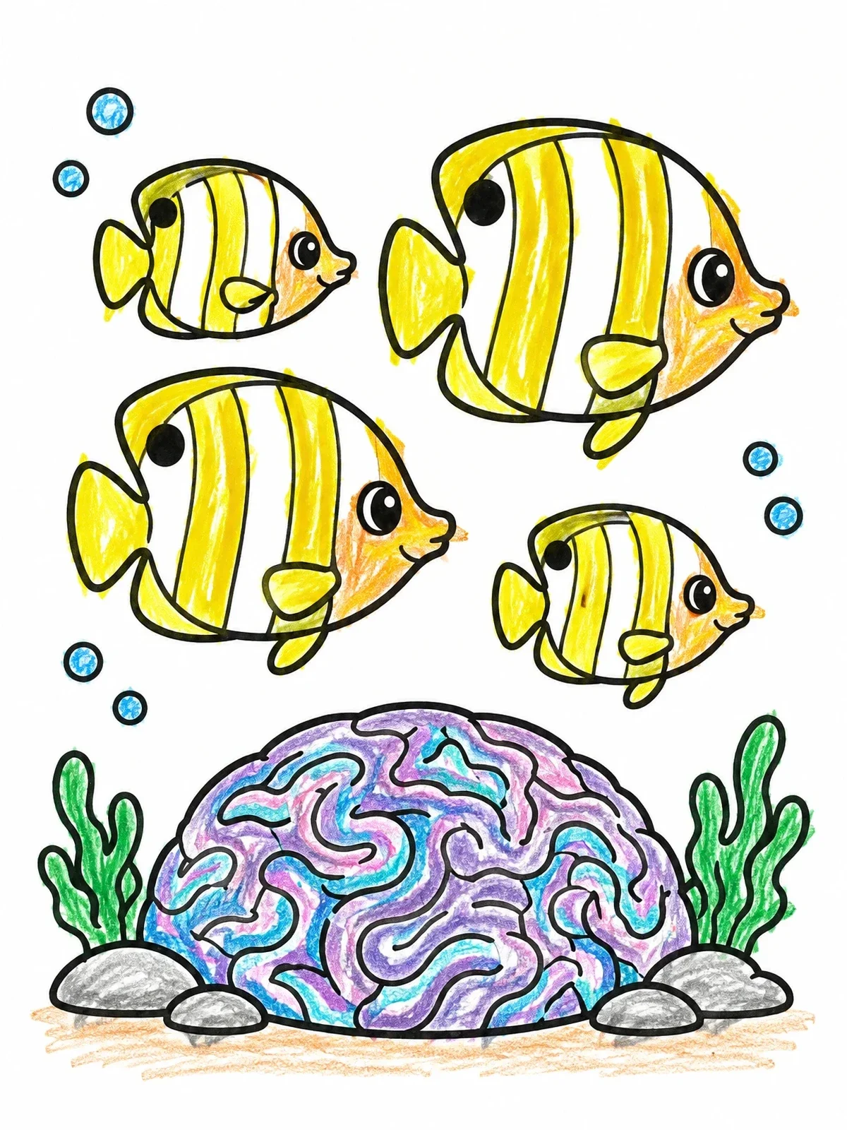 Colored example of the Striped Butterflyfish Over Brain Coral coloring page