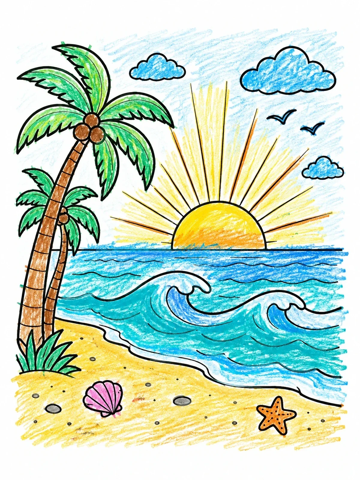 Colored example of the Tropical Sunrise Over Ocean Beach coloring page